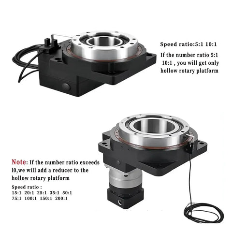 Heavy Duty Hollow Rotary Indexing Plate For CNC Router 4Th And 5Th Axis Tilt Table Using Zero Play 360 Rotation showing speed ratio settings.