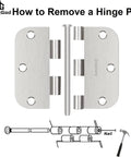 Pro Grade Interior Door Hinges 36 Pack Satin Nickel 3.5 Inch Set 5/8 Radius detail with hinge pin removal guide.