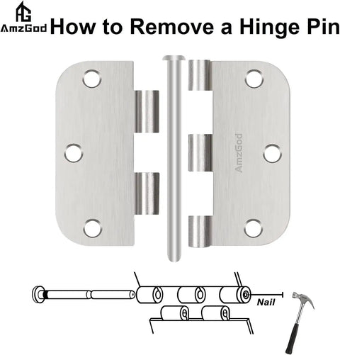 Pro Grade Interior Door Hinges 36 Pack Satin Nickel 3.5 Inch Set 5/8 Radius detail with hinge pin removal guide.