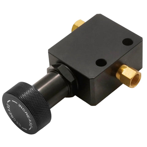 Pro Grade 1/8NPT Brake Proportional Valve For Slick Stopping Power Heavy Duty Aluminum Alloy Build viewed from the side with adjustment knob.