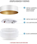 Exploded view of Round Modern LED Ceiling Light With Wood Metal And Acrylic Finish, soft glow; metal, base, lampshade.