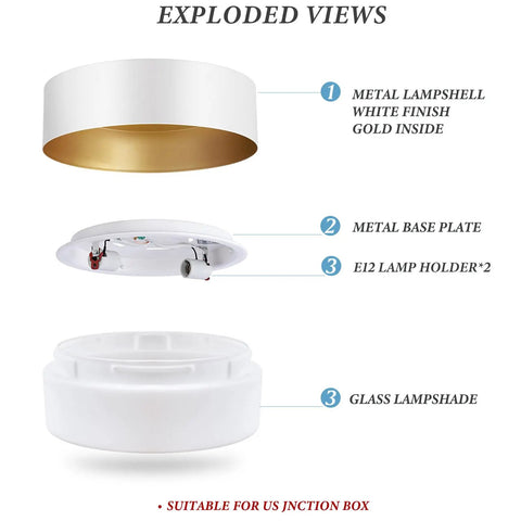 Exploded view of Round Modern LED Ceiling Light With Wood Metal And Acrylic Finish, soft glow; metal, base, lampshade.