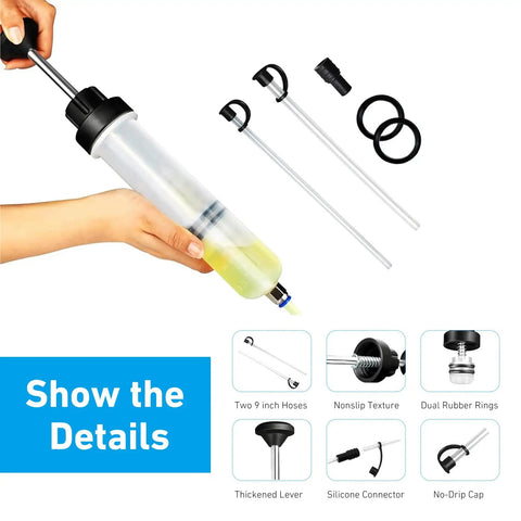 Smooth Operator Manual Oil Extractor Pump 200Cc Transparent Fluid Siphon with hoses, rubber rings and hand lever for vehicle repair.