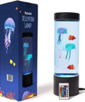 LED Jellyfish Lamp With Remote, 20 Color Changing LEDs, 2 Clownfish And 2 Jellyfish Figures, box and remote shown