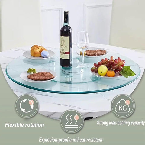 Top Shelf Thick Tempered Glass Lazy Susan Rotating Serving Tray featuring wine, plates, and finger foods on a dining table.