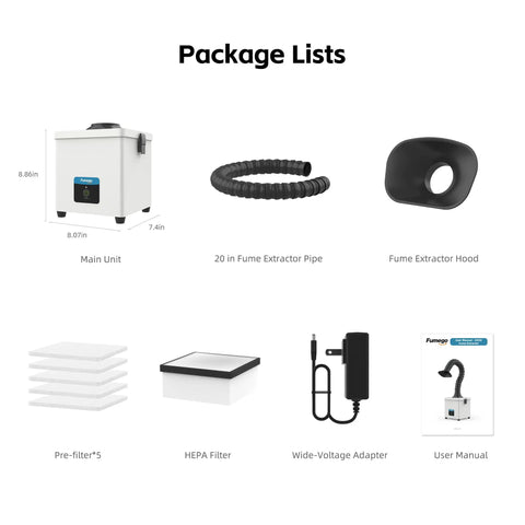 Package contents of Heavy Duty Solder Fume Extractor With HEPA And Carbon Filter 180 Cubic Meters Per Hour Strong Suction 3 Level