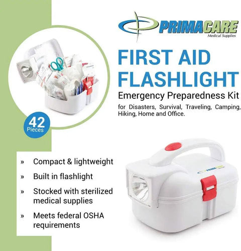 First Aid Flashlight Emergency Prep Kit With 42 Piece Medical Supplies For Disaster Survival Travel Camping Hiking Home And Office Lightweight Portable White Ready For Any Situation shown in packaging with flashlight and medical supplies.