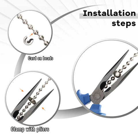Installation steps for Must Have 24 Piece Bead Chain Stopper Set For 7 Mm Beads Metal Crimp Ball Stopper For Blind Control, silver finish.