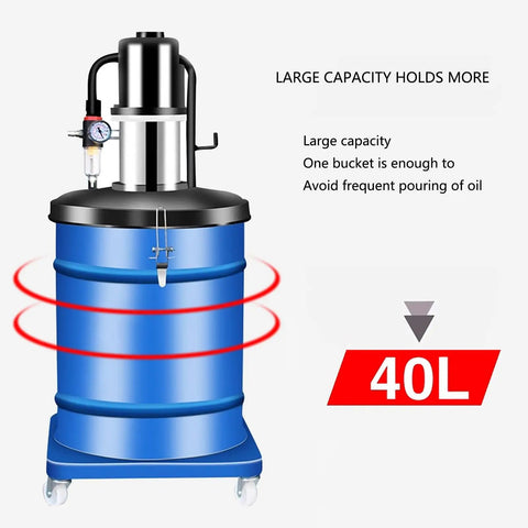 Portable Grease Pump With Oil Water Separator And Explosion Proof Tubing 80 to 1 Air Operated Lubrication Gun For 5 Gallon Drums 0.85 L/min showing 40L blue capacity drum with pressure gauge and wheels.