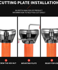 Step-by-step installation of Heavy Duty Pneumatic Air Cut Off Tool Kit with visuals of unscrewing hex nut, mounting plate, and readiness.