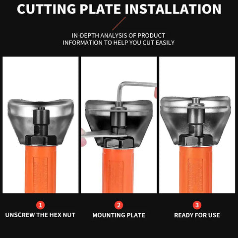 Step-by-step installation of Heavy Duty Pneumatic Air Cut Off Tool Kit with visuals of unscrewing hex nut, mounting plate, and readiness.