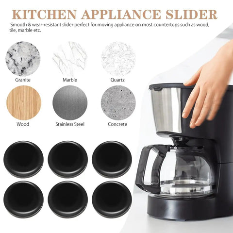 12 Piece Kitchen Appliance Sliders Set With Self Adhesive Pads shown with coffee maker to prevent scratches on countertops.