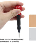 Heavy Duty Built Different Spring Loaded Center Punch 2 Pack With Adjustable Depth Control Brass Body And Heat Treated Steel Tip in hand for precision drilling.