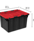 Haul Heavy Loads With Ease Using These Tough As Nails 12 Gallon Storage Totes With Secure Lids For Garage Organization Stackable Heavy Duty Crates Featuring Tie Down Grommets In A Rock Solid 12 Pack Bundle, featuring a black bin with a red lid.