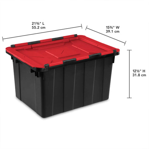 Haul Heavy Loads With Ease Using These Tough As Nails 12 Gallon Storage Totes With Secure Lids For Garage Organization Stackable Heavy Duty Crates Featuring Tie Down Grommets In A Rock Solid 12 Pack Bundle, featuring a black bin with a red lid.
