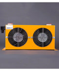 Front view of Beefy Aluminum Hydraulic Air Cooler With Motor For Oil Cooling, dual radiators, heavy-duty aluminum, industrial use
