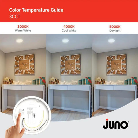 Color temperature guide showing three settings of Slick 4 Inch Led Ceiling Light Low Profile Surface Mount Downlight Wet Rated Matte White Trim.