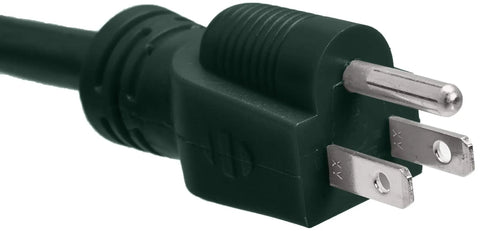 Close-up of plug on Eight Foot Vinyl Indoor Outdoor Extension Cord With Three Outlets Grounded 13 Amp 1625 Watt 125 Volt Heavy Duty Copper Wire