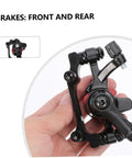 Top Notch Mechanical Disc Brake Kit For Mountain Bike With Front And Rear Rotors And Dual Knob Aluminum Calipers In Silver showing a caliper held in hand.