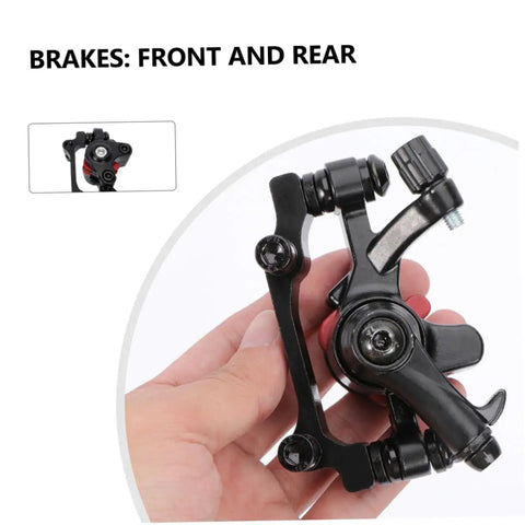 Top Notch Mechanical Disc Brake Kit For Mountain Bike With Front And Rear Rotors And Dual Knob Aluminum Calipers In Silver showing a caliper held in hand.