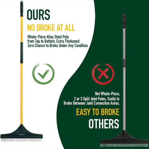 Comparison of two garden rakes; Bulunow 55 Inch Turf Rake With Dense Nylon Bristles, single piece vs. multi-piece pole design.