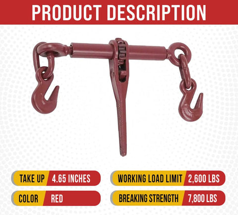 Four Pack Ratchet Chain Binders For 1/4 To 5/16 Inch G70 Chains, red color, heavy duty tie down haulers, 2,600 lb WLL, 7,800 lb break strength
