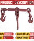 Two Pack Heavy Duty Ratchet Chain Binders For 1/4 To 5/16 Inch Chain In Red, with hooks, forged steel build, 7800 lb break strength.