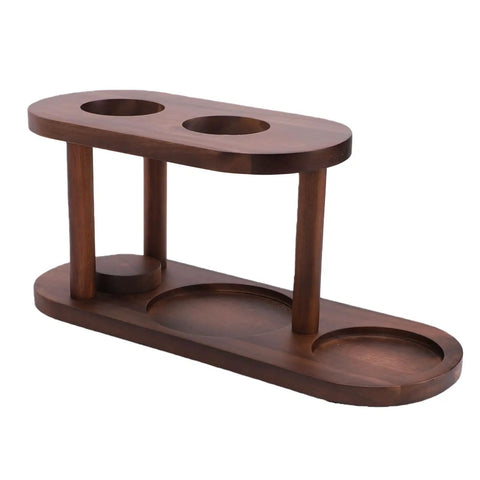 Solid Wood Pour Over Coffee Station And Dripper Stand For Kitchen Countertop With Natural Wood Grain Drip Brewer Rack, side view.
