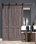 7Ft Bypass Sliding Barn Door Hardware Kit For Low Ceiling Spaces With Overlapping Tracks installed on double doors
