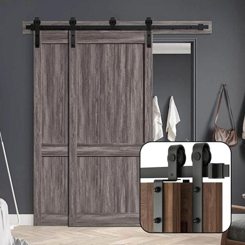 7Ft Bypass Sliding Barn Door Hardware Kit For Low Ceiling Spaces With Overlapping Tracks installed on double doors