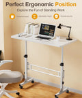 Mobile Standing Desk On Wheels With Height Adjustable Range 31 To 43 Inches, 32 Inch Desktop Surface in Home Office Setup, White