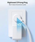 Six Foot Flat Extension Cord With Right Angled Plug, 3 Outlet Power Strip, ETL Listed shown plugged into wall socket at 45 degrees