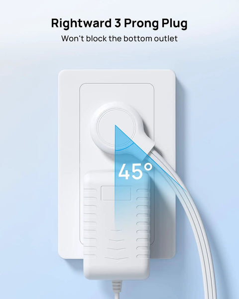 Six Foot Flat Extension Cord With Right Angled Plug, 3 Outlet Power Strip, ETL Listed shown plugged into wall socket at 45 degrees