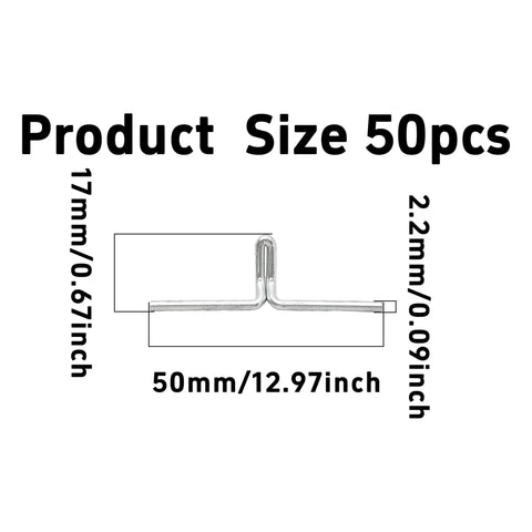 Diagram showing dimensions of 50Pcs Lawn Chair Webbing Clips Alloy Spring Clips for Lounge Chair Repair, 50mm x 17mm x 2.2mm