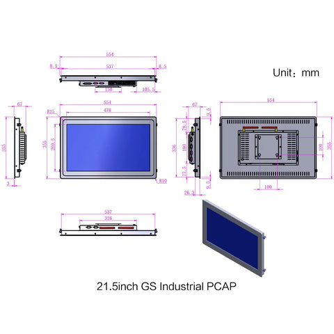 Technical drawing of a 21.5-inch GS industrial PCAP, showing dimensions and design with front, side, and back views.