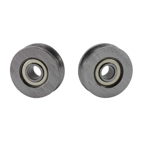Close-up of V Groove Ball Bearing Set 20 Pcs Miniature Steel V Pulley Bearings 3x12x4mm, silver carbon steel, double shield seals.