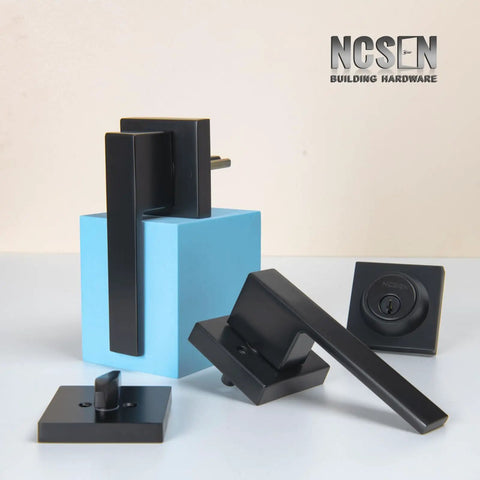 Matt Black Front Door Lockset With Keyed Deadbolt And Passage Lever Heavy Duty Zinc Door Levers Square Rosette Display
