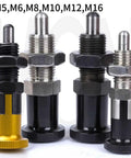 Image of Dead Nuts Heavy Duty Indexing Plungers in M5, M8, M10, M12, M16 sizes with smooth aluminum knobs and spring loaded lock pins.