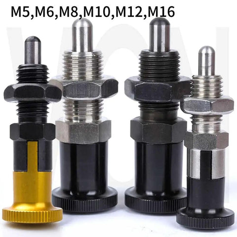 Image of Dead Nuts Heavy Duty Indexing Plungers in M5, M8, M10, M12, M16 sizes with smooth aluminum knobs and spring loaded lock pins.