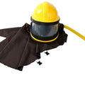 Beast Mode Sandblast Helmet With Air Supplied Hood And Shoulder Cloak, full face safety gear, yellow headgear on white background.