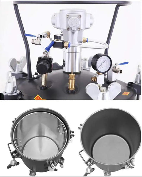 Rugged Commercial Sixty Liter Pneumatic Paint Pressure Tank Featuring Kickass Automatic Air Agitation And Reliable Safety Valve For Consistent Coating Jobs close-up of pressure gauge and stainless steel liner