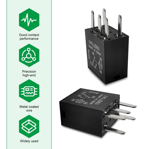 Heavy Duty 12 Volt 5 Pin Fuel Pump Relay Pair Straight Swap Automotive Electrical Component with metal coated wire.