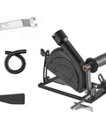 Angle Grinder Holder And Stand With 45 Degree Adjustable Mount And Shield Cover For 100 To 125Mm Grinders, black, side view with accessories.