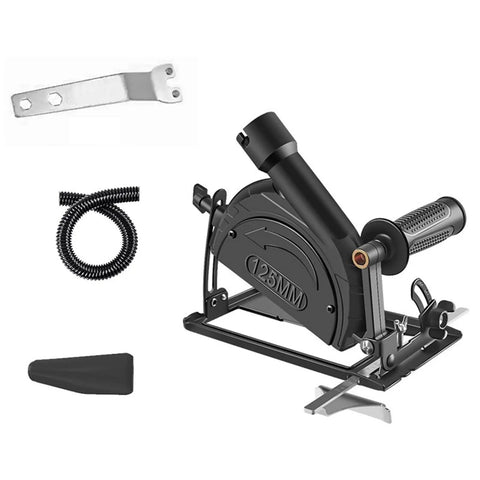 Angle Grinder Holder And Stand With 45 Degree Adjustable Mount And Shield Cover For 100 To 125Mm Grinders, black, side view with accessories.