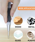 Two Piece Automatic Center Punch Set, 6 Inch Hardened Steel, demonstrating use on wood, metal, glass, and plastic surfaces.