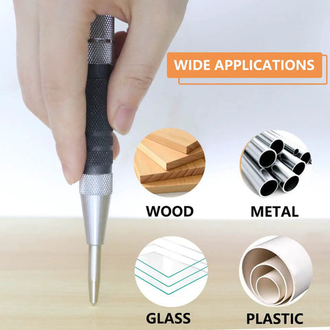 Two Piece Automatic Center Punch Set, 6 Inch Hardened Steel, demonstrating use on wood, metal, glass, and plastic surfaces.