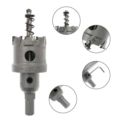 Hordion 1 3/8in tooth-tipped carbide hole saw cutter with spiral center bit and drive shank (front view)