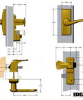 Technical diagram showing dimensions of upgraded door lever with deadbolt lock for storm and screen doors white 2-piece set.