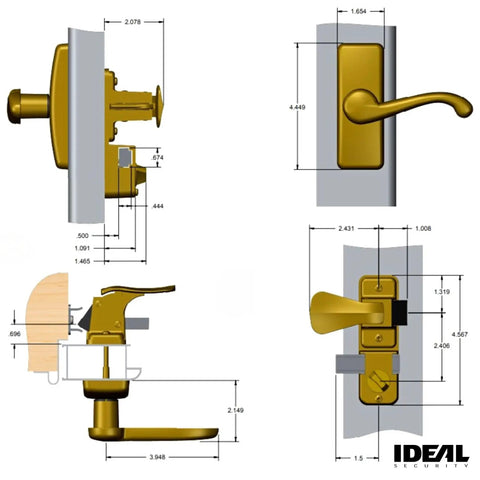 Technical diagram showing dimensions of upgraded door lever with deadbolt lock for storm and screen doors white 2-piece set.