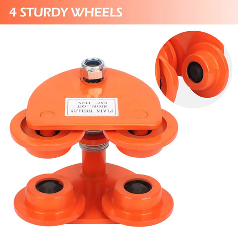 Workhorse 2 Ton Manual I Beam Trolley with dual wheels, close-up view showing sturdy steel construction and smooth operation rollers